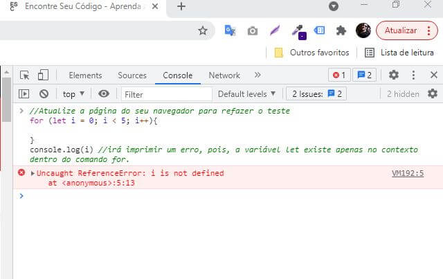 Exemplo da utilização de let variável no JavaScript