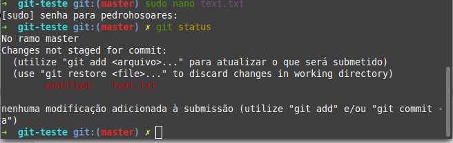 Git status depois de alterar um arquivo